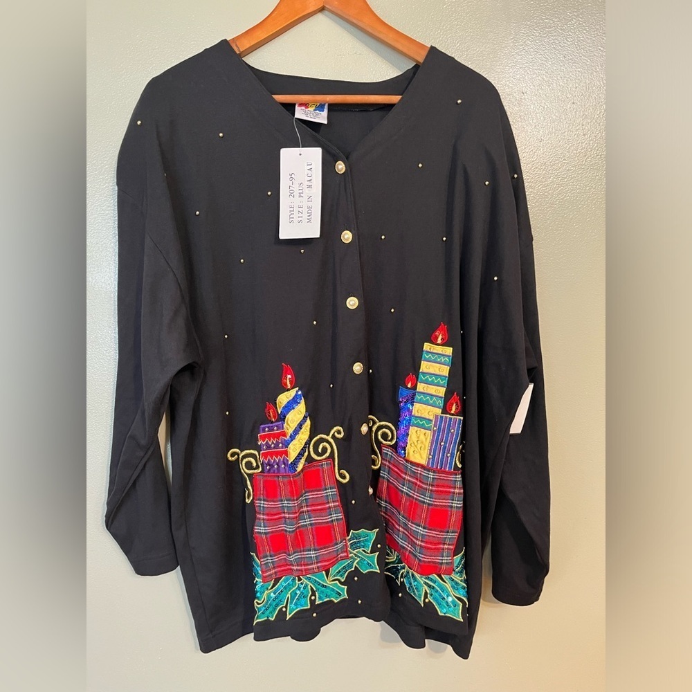 Focus Womens Black Cotton Bland Embroidered Sequined  Christmas Cardigan XL NWT